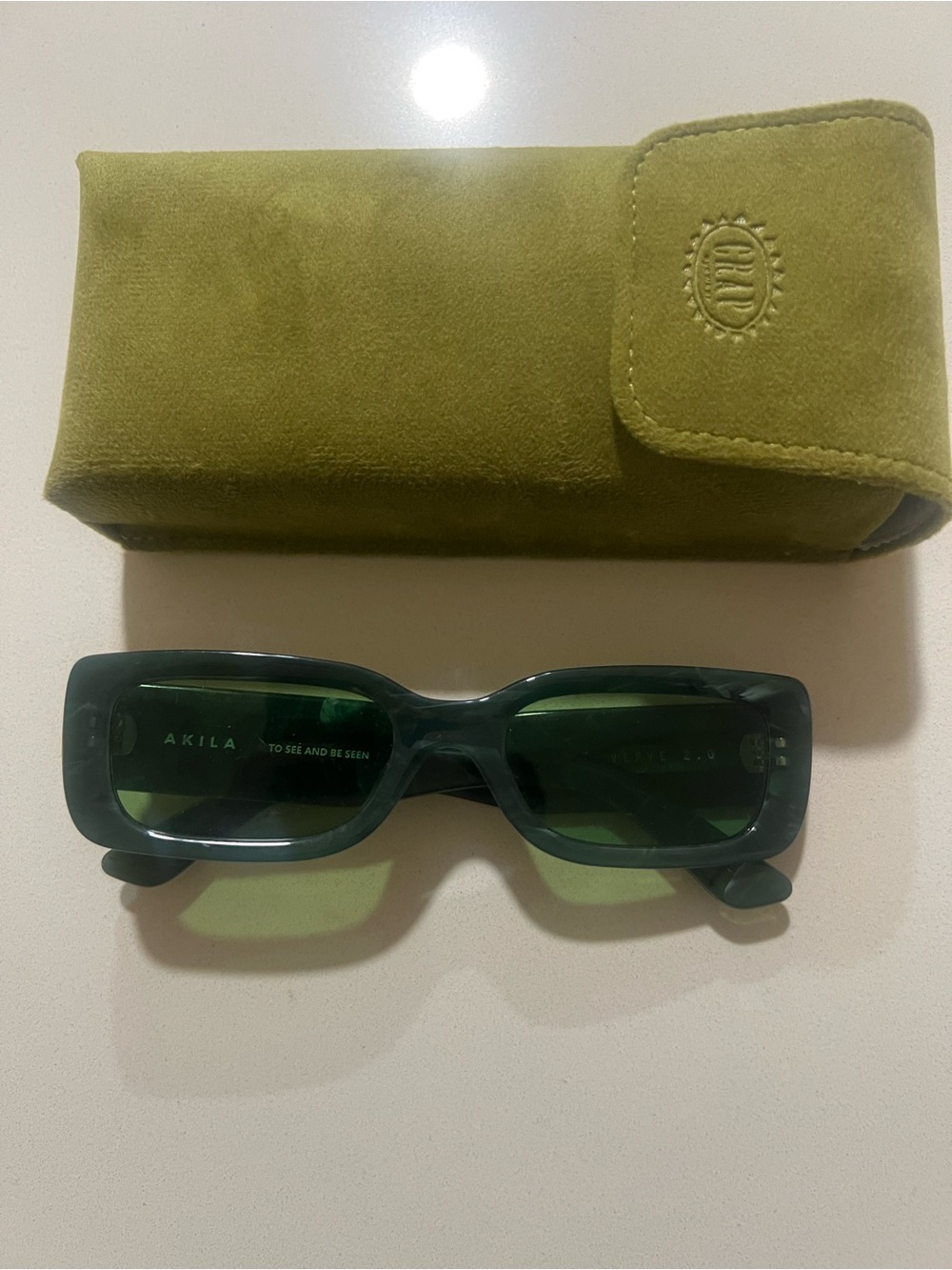 AKILA Green Rectangular Sunglasses with Olive Case